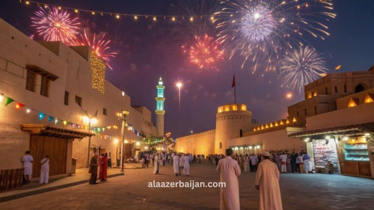 ألعاب نارية تضيء سماء مسقط فوق كورنيش مطرح وخليج عُمان خلال احتفالات رأس السنة، مع تجمعات وعدٍّ تنازلي وإضاءات شتوية