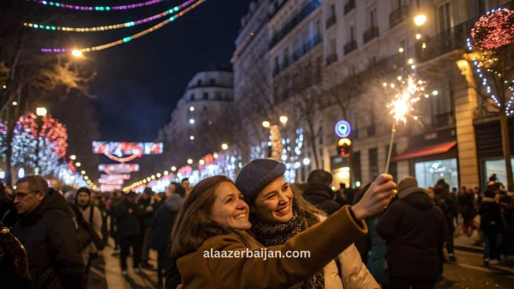 ألعاب وضوءات رأس السنة تُضيء سماء باريس فوق الشانزليزيه وقوس النصر وعلى ضفاف نهر السين، مع حشود العدّ التنازلي وأجواء شتوية احتفالية