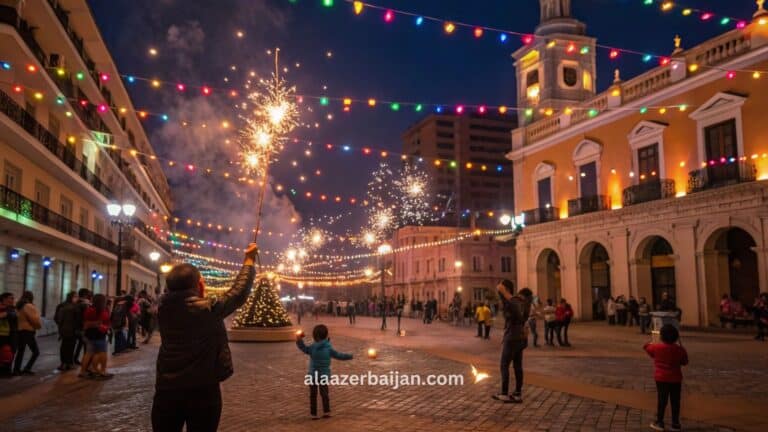 ألعاب نارية تضيء سماء كاراكاس فوق أفق المدينة مع ظل جبل وارايرا ريبانو (El Ávila) خلال احتفالات رأس السنة في فنزويلا، وتجمّعات في الساحات والواجهة الحضرية