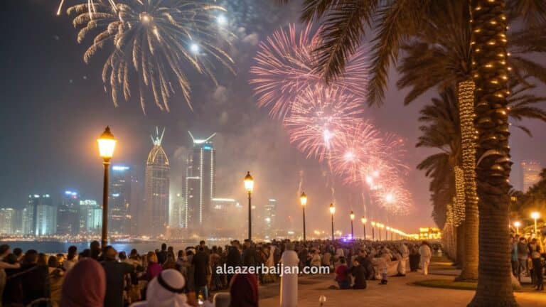 ألعاب نارية تضيء سماء الدوحة فوق كورنيش الخليج الغربي وأفق ويست باي خلال احتفالات رأس السنة في قطر، مع حشود العدّ التنازلي وإضاءات على متحف الفن الإسلامي