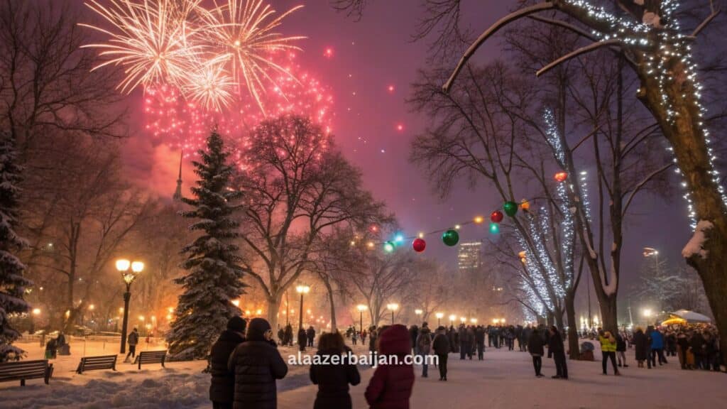 ألعاب نارية تضيء سماء تورونتو فوق برج CN والواجهة البحرية (Harbourfront) مع حلبة تزلّج ساحة ناثان فيليبس خلال احتفالات رأس السنة في كندا