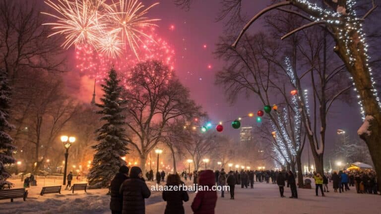ألعاب نارية تضيء سماء تورونتو فوق برج CN والواجهة البحرية (Harbourfront) مع حلبة تزلّج ساحة ناثان فيليبس خلال احتفالات رأس السنة في كندا