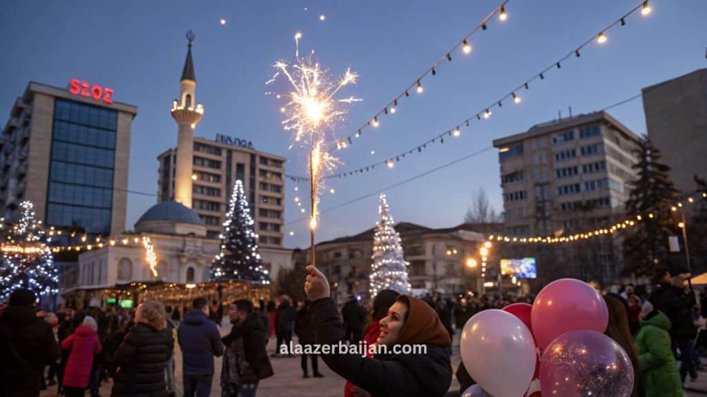 ألعاب نارية تضيء سماء بريشتينا فوق نصب NEWBORN وشارع الأم تيريزا خلال احتفالات رأس السنة في كوسوفو، مع حشود وعدٍّ تنازلي وزينة شتوية