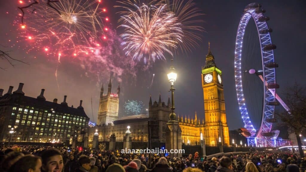 ألعاب نارية تضيء سماء لندن فوق عين لندن ونهر التايمز بجوار برج إليزابيث (بيغ بن) خلال احتفالات رأس السنة