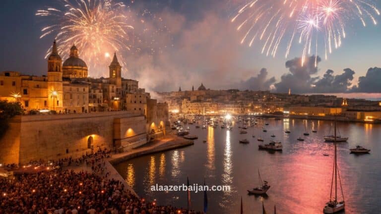 ألعاب نارية تضيء سماء فاليتا فوق الواجهة البحرية ومرسى الميناء الكبير خلال احتفالات رأس السنة في مالطا، مع تجمعات وعدٍّ تنازلي وإضاءات شتوية على المباني التاريخية