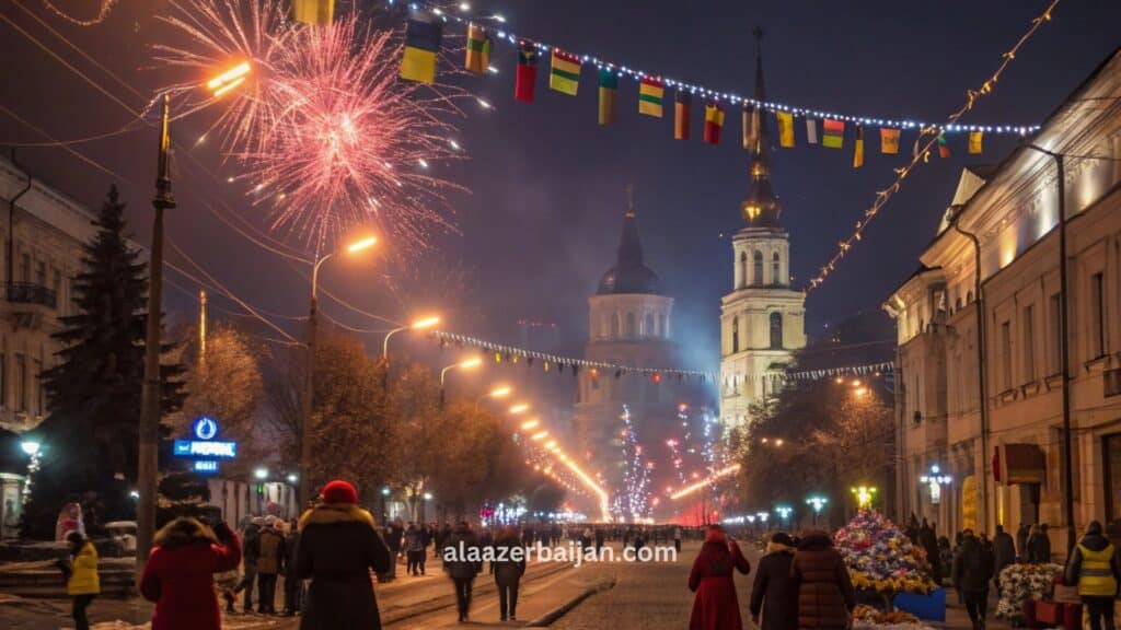 ألعاب نارية تضيء سماء كيشيناو فوق قوس النصر (Arcul de Triumf) وساحة الكاتدرائية خلال احتفالات رأس السنة في مولدوفا، مع أجواء شتوية وحشود العدّ التنازلي