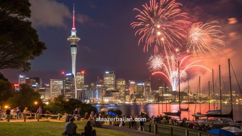 ألعاب نارية تضيء سماء أوكلاند فوق سكاي تاور وجسر أوكلاند هاربور مع انعكاس الألوان على ميناء وايتياماتا خلال احتفالات رأس السنة في نيوزيلندا